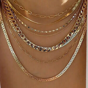 Gold Plated 18K Multilayer Necklace, Chain Link, Paperclip, Cuban